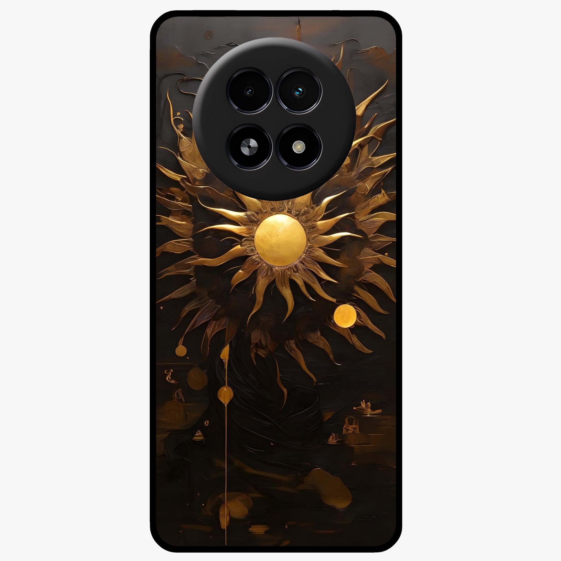 Golden Sun Majesty Glass Case showing flat back view with radiant golden sun artwork and glossy glass finish.