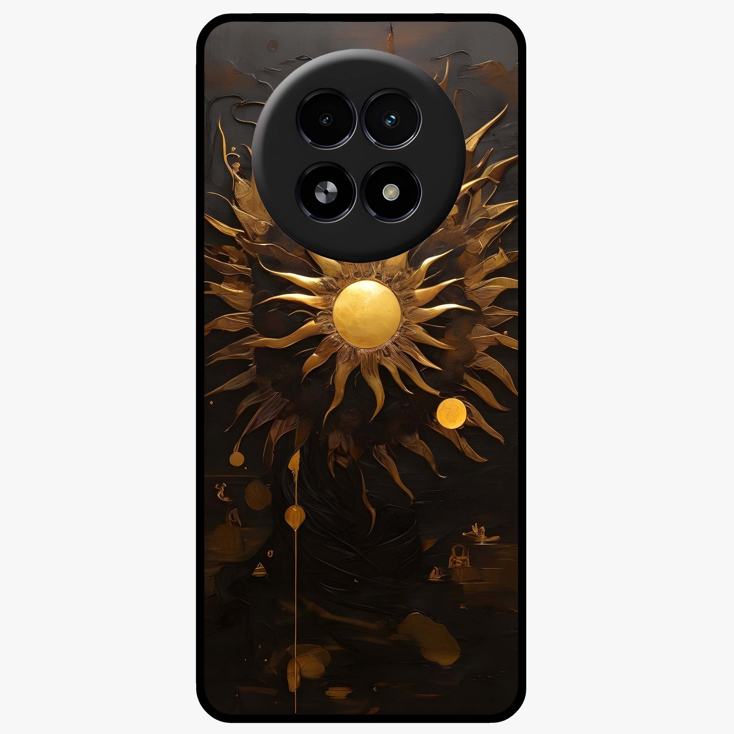 Golden Sun Majesty Glass Case showing flat back view with radiant golden sun artwork and glossy glass finish.
