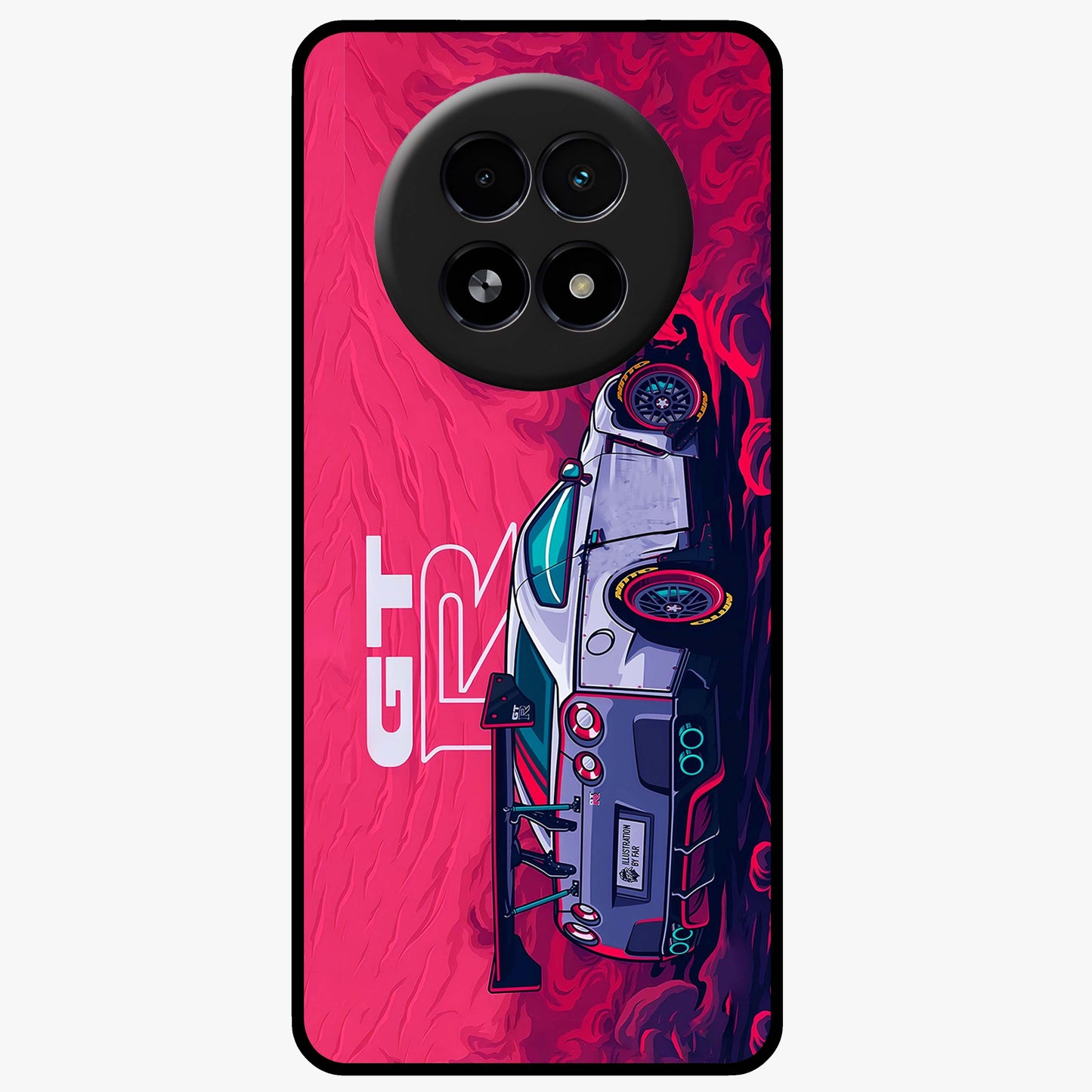GT-R Car Pattern Glass Case showing flat back view with sporty car inspired pattern artwork and glossy glass finish.