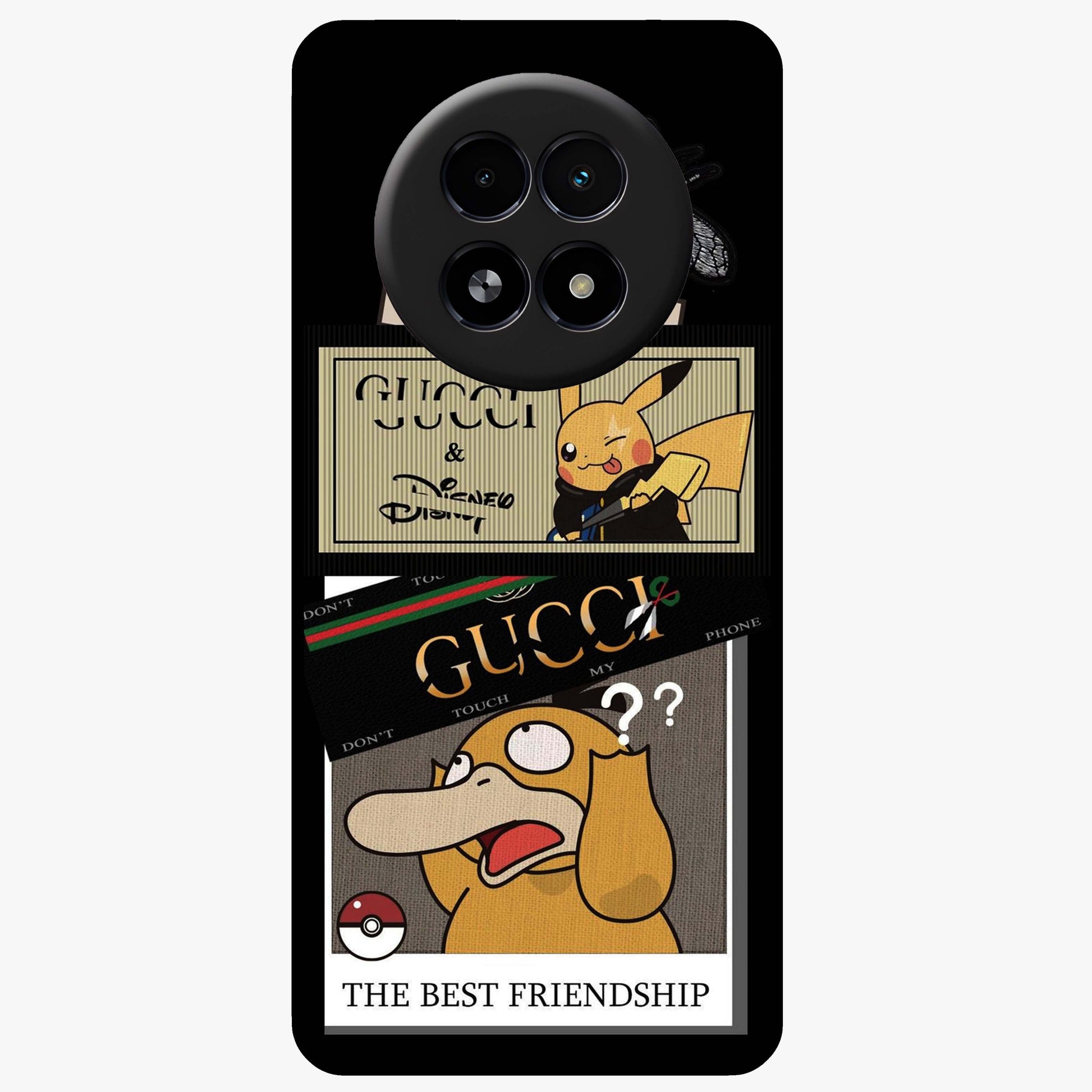 Gucci Play Mashup Glass Case showing flat back view with luxury inspired graphic artwork and glossy glass finish.