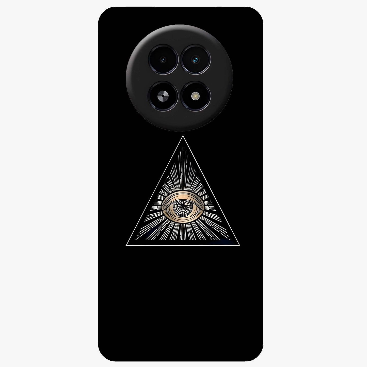 Illuminati Evil Glass Case showing flat back view with mysterious illuminati symbol artwork and glossy glass finish.