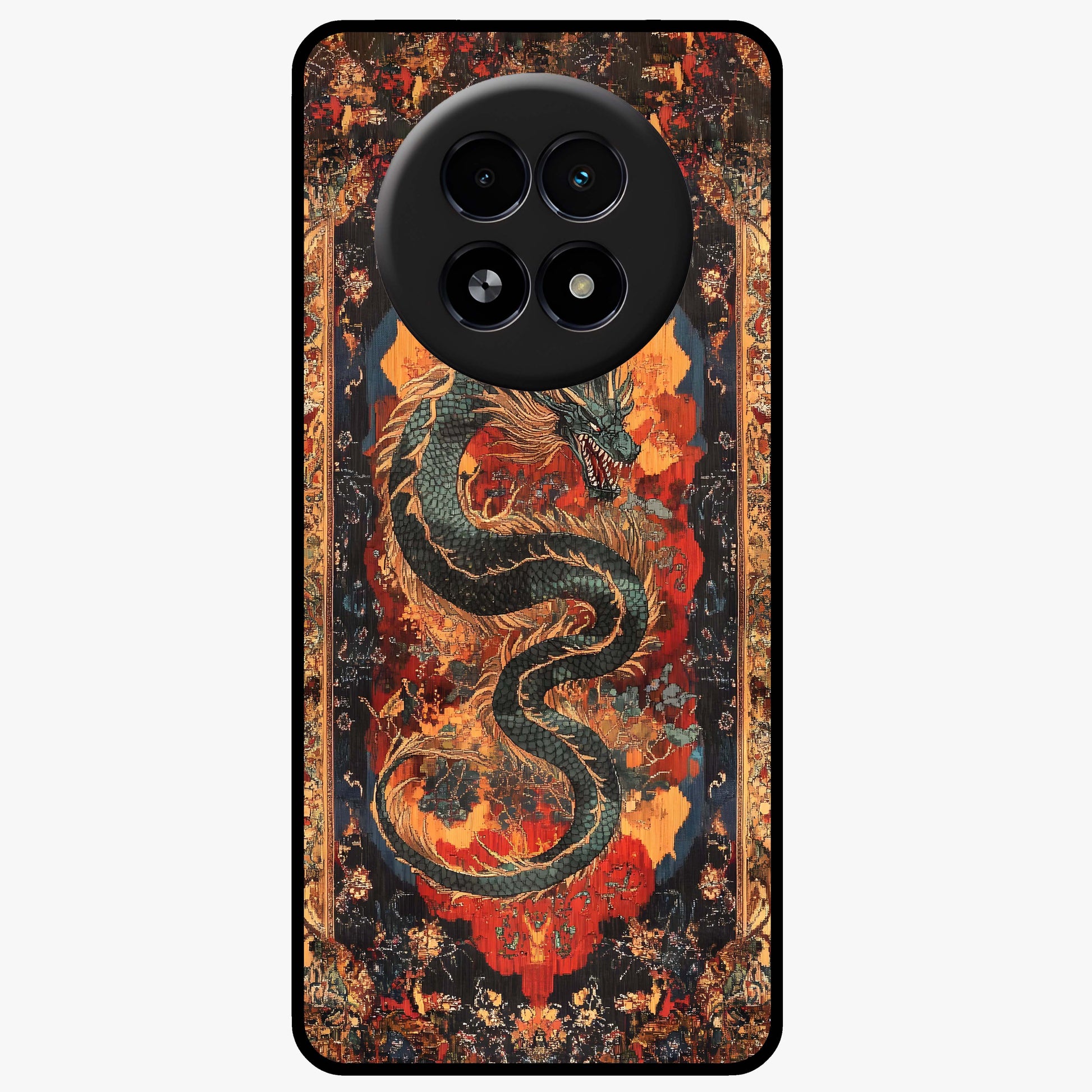 Inferno Dragon Soul Glass Case showing flat back view with fiery dragon artwork and glossy glass finish.