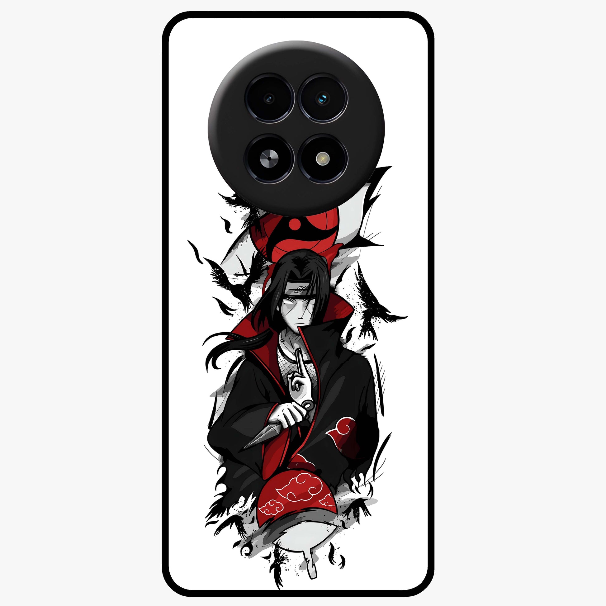 Itachi Sharingan Glass Case showing flat back view with powerful anime eye artwork and glossy glass finish.