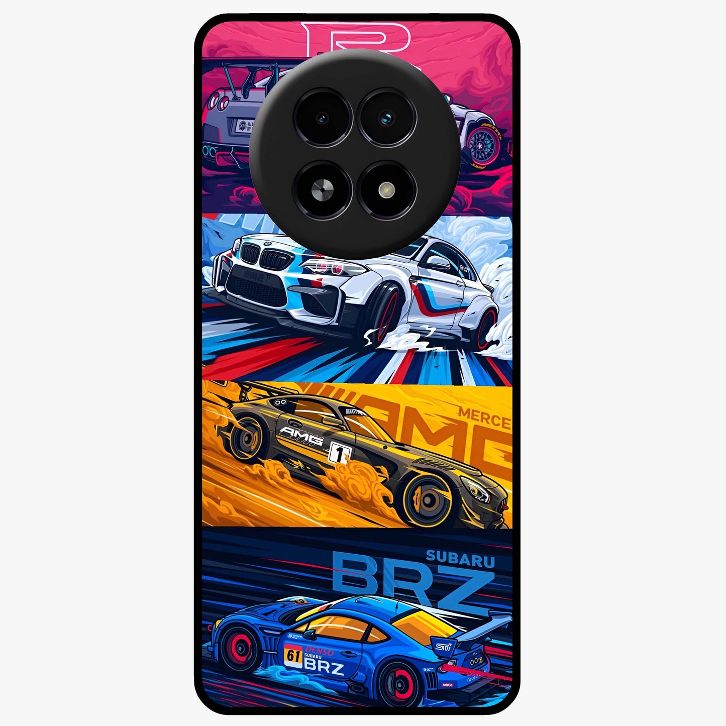 JDM Sports Car Glass Case showing flat back view with high performance sports car artwork and glossy glass finish.
