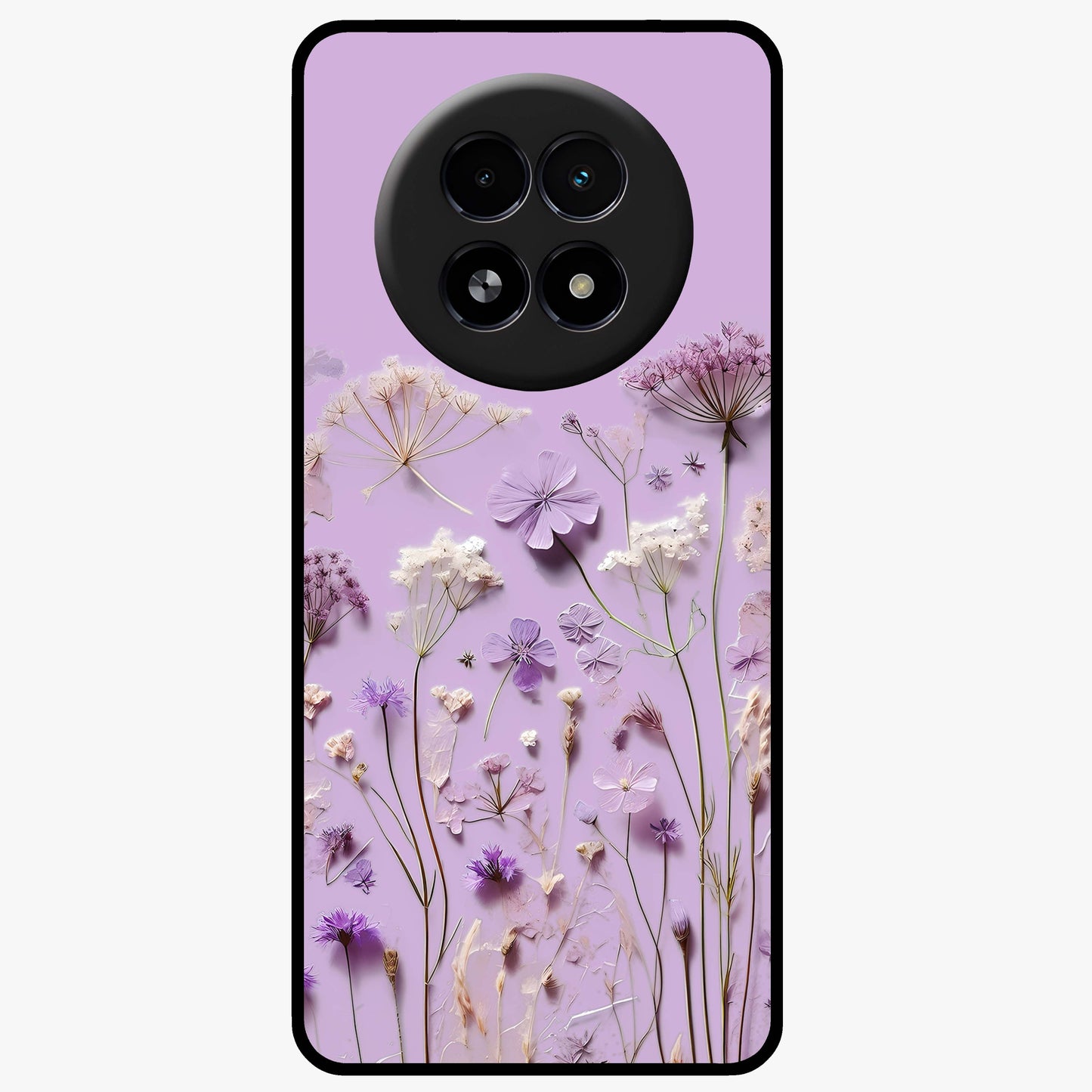 Lavender Blossom Dream Glass Case showing flat back view with soft lavender floral artwork and glossy glass finish.