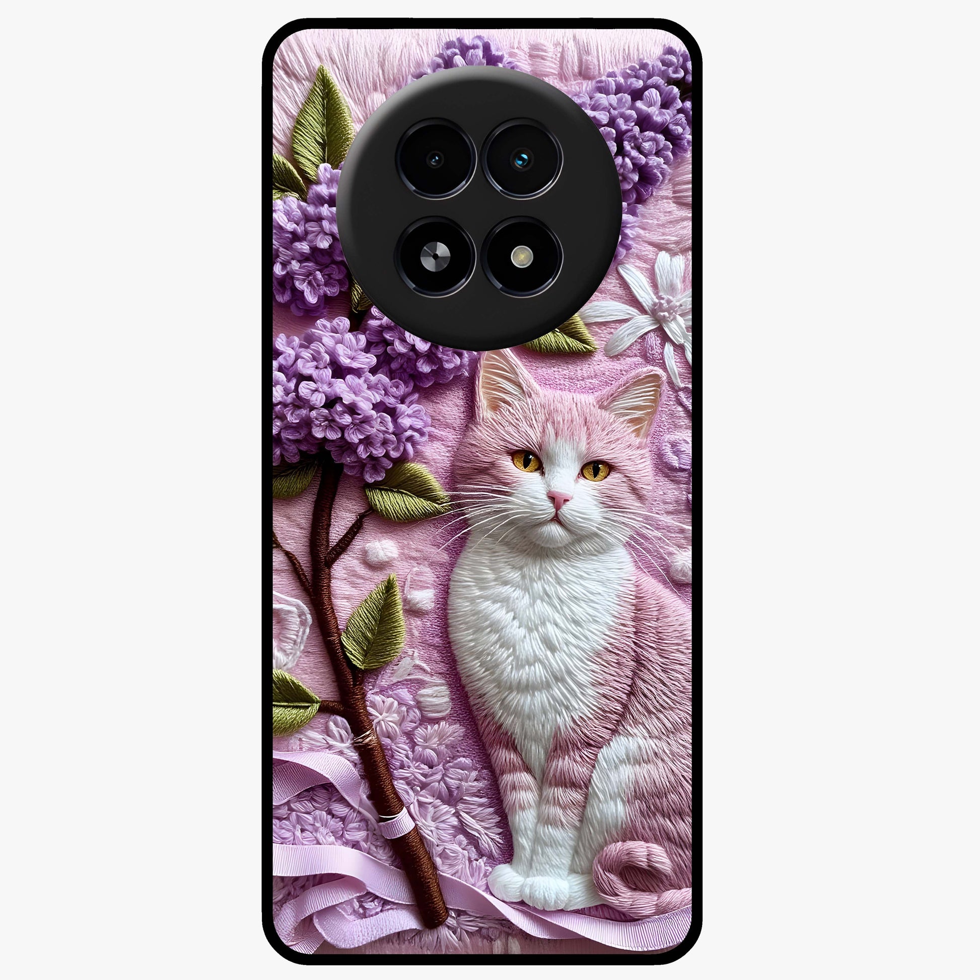 Lavender Cat Whimsy Glass Case showing flat back view with cute lavender cat artwork and glossy glass finish.