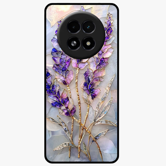 Lavender Dream Glow Glass Case showing flat back view with glowing lavender aesthetic artwork and glossy glass finish.