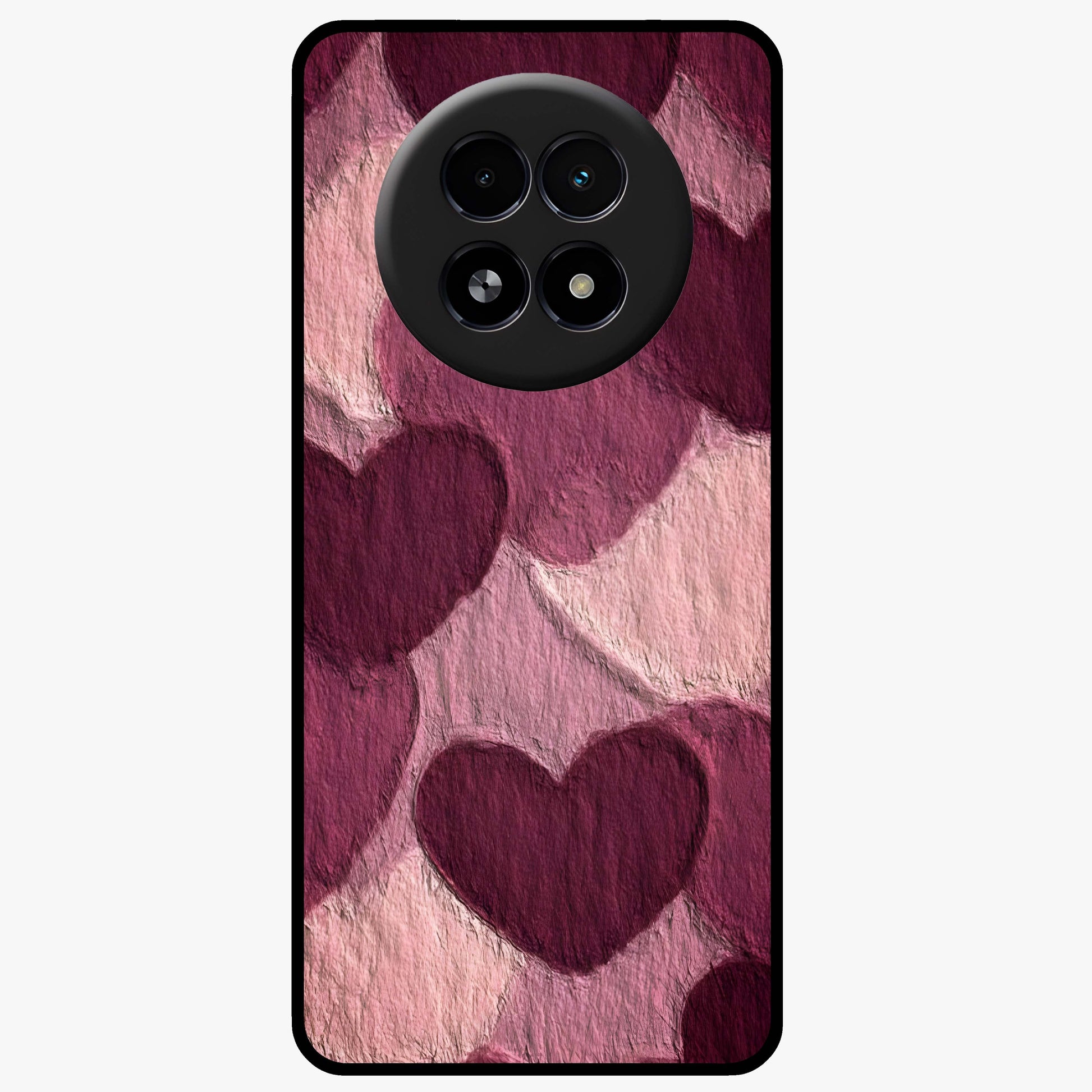 Layered Paper Hearts Glass Case showing flat back view with layered paper heart artwork and glossy glass finish.