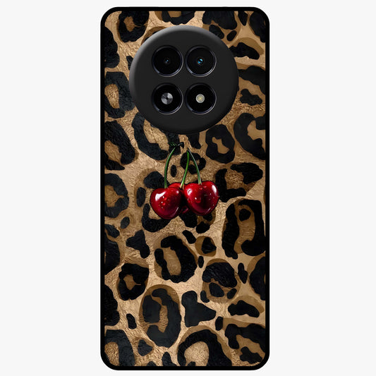 Leopard Wild Cherry Glass Case showing flat back view with leopard pattern and cherry artwork and glossy glass finish.