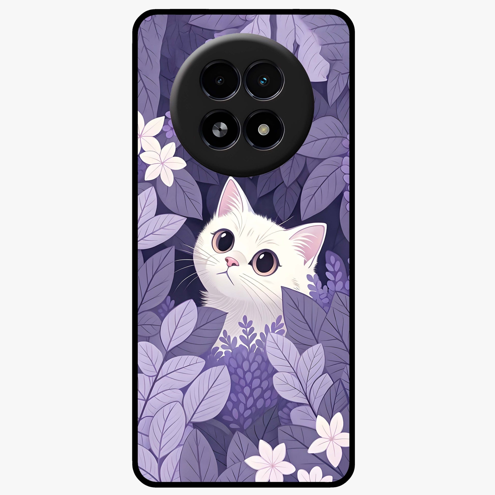 Lilac Hide Peek Cat Glass Case showing flat back view with cute peeking cat artwork and glossy glass finish.