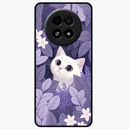 Lilac Hide Peek Cat Glass Case showing flat back view with cute peeking cat artwork and glossy glass finish.