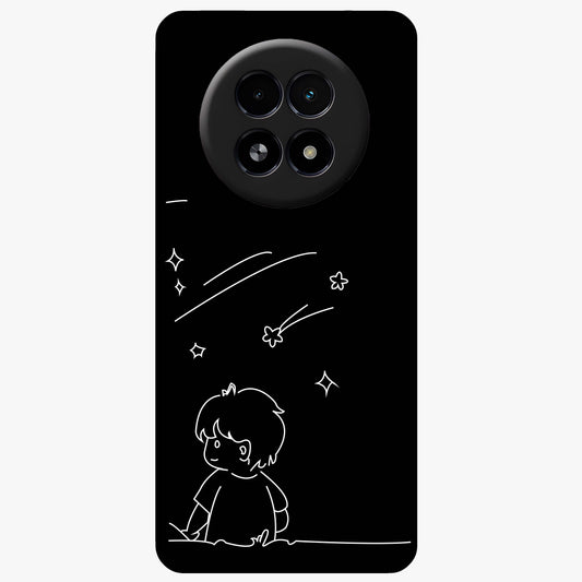 Line Art Boy With Shooting Stars Glass Case showing flat back view with minimal line art boy and shooting stars illustration and glossy glass finish.