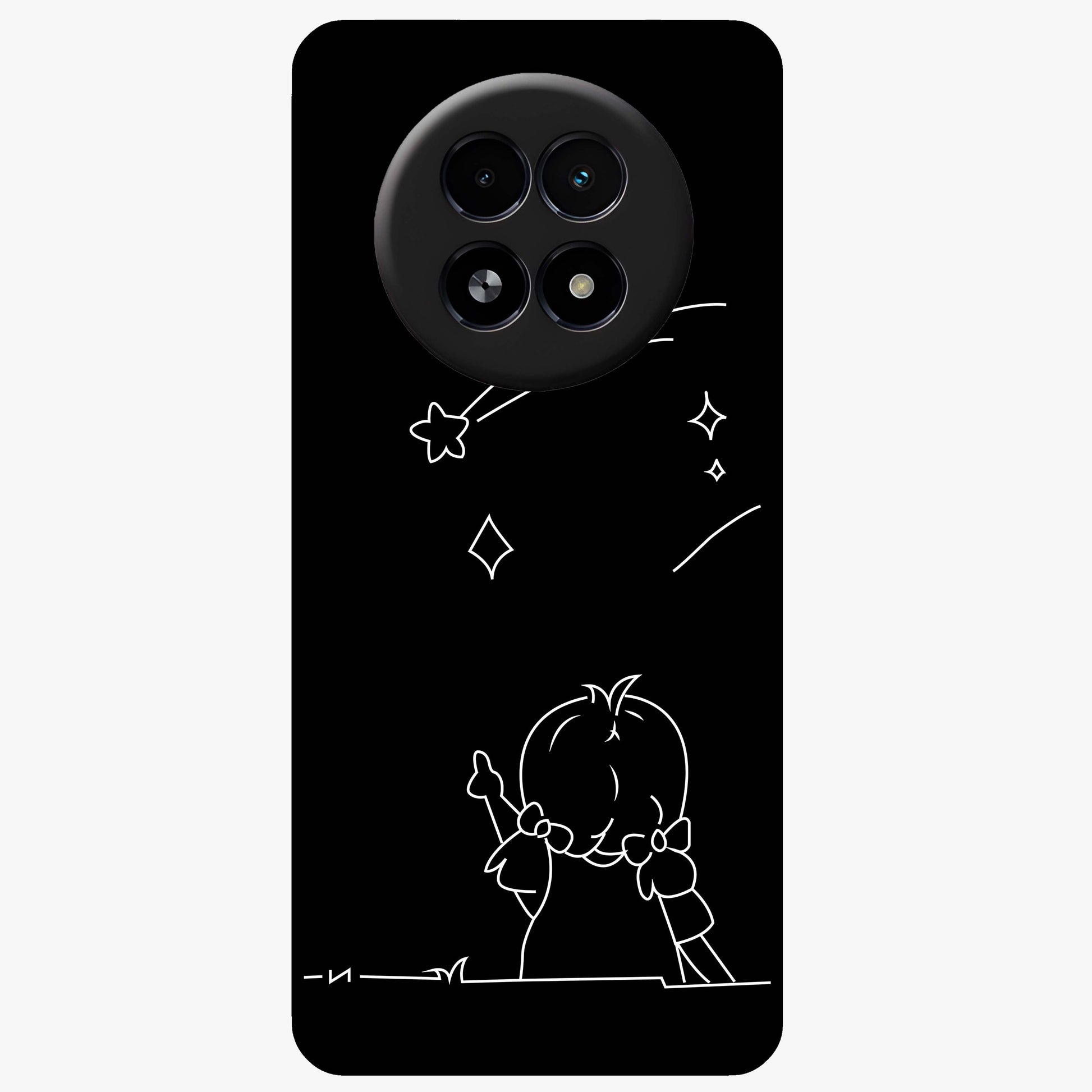 Line Art Girl With Shooting Stars Glass Case showing flat back view with minimal line art girl and shooting stars illustration and glossy glass finish.