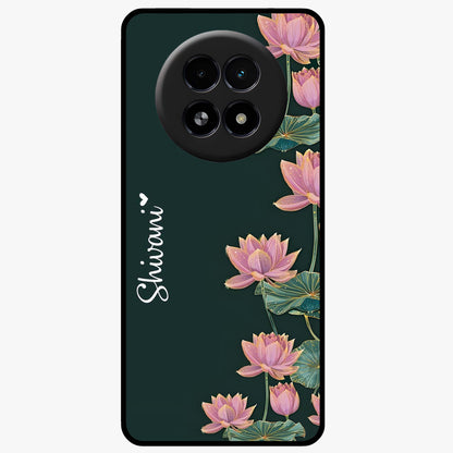 Lotus Bloom Serenity Custom Name Glass Case showing flat back view with elegant lotus flower artwork and personalized name design.