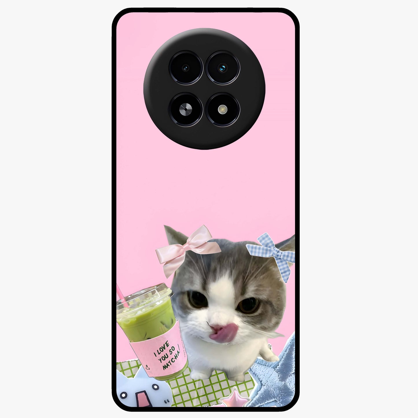 Love Matcha Cat Glass Case showing flat back view with cute cat and matcha themed artwork and glossy glass finish.