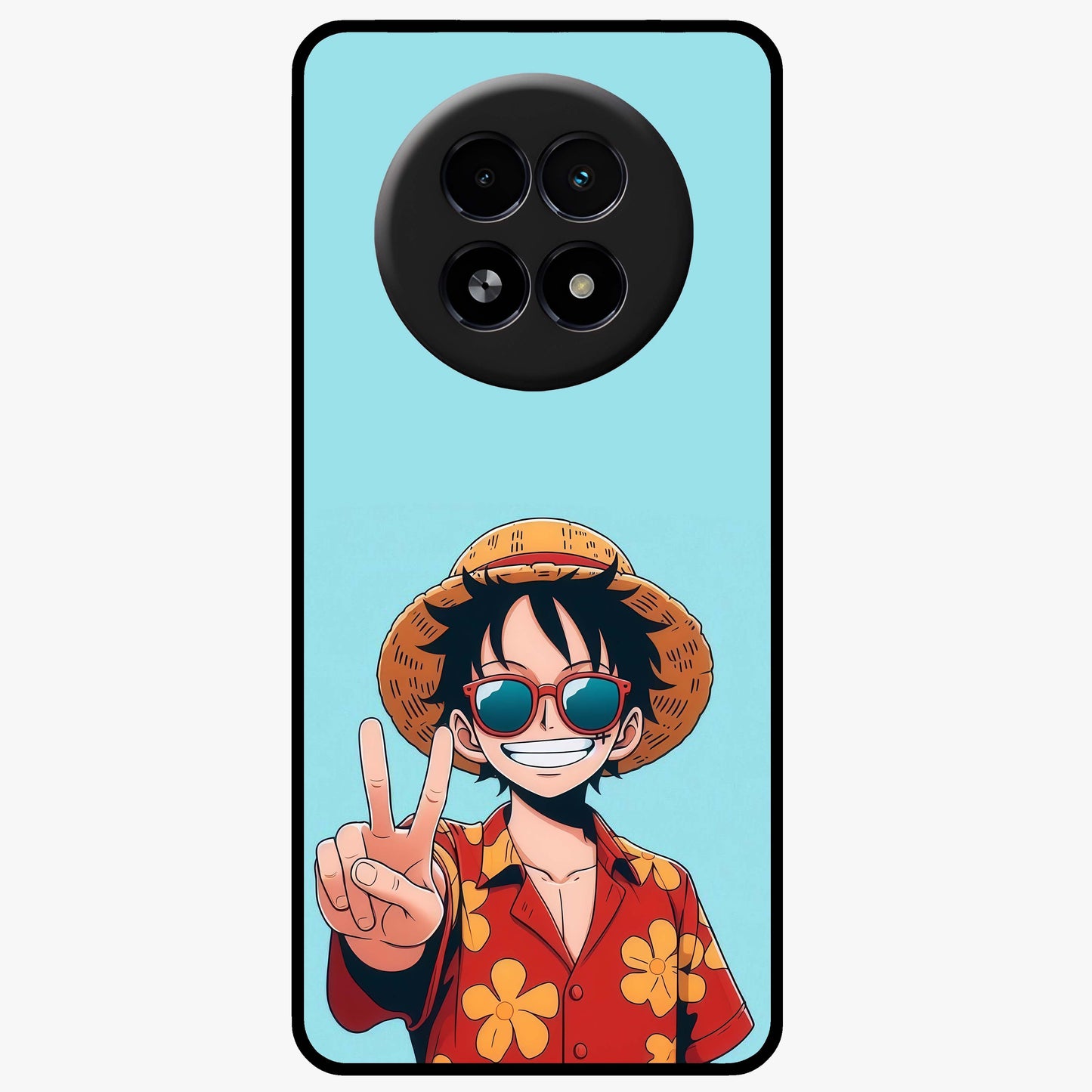 Luffy Summer Anime Vibe Glass Case showing flat back view with vibrant anime character artwork and glossy glass finish.