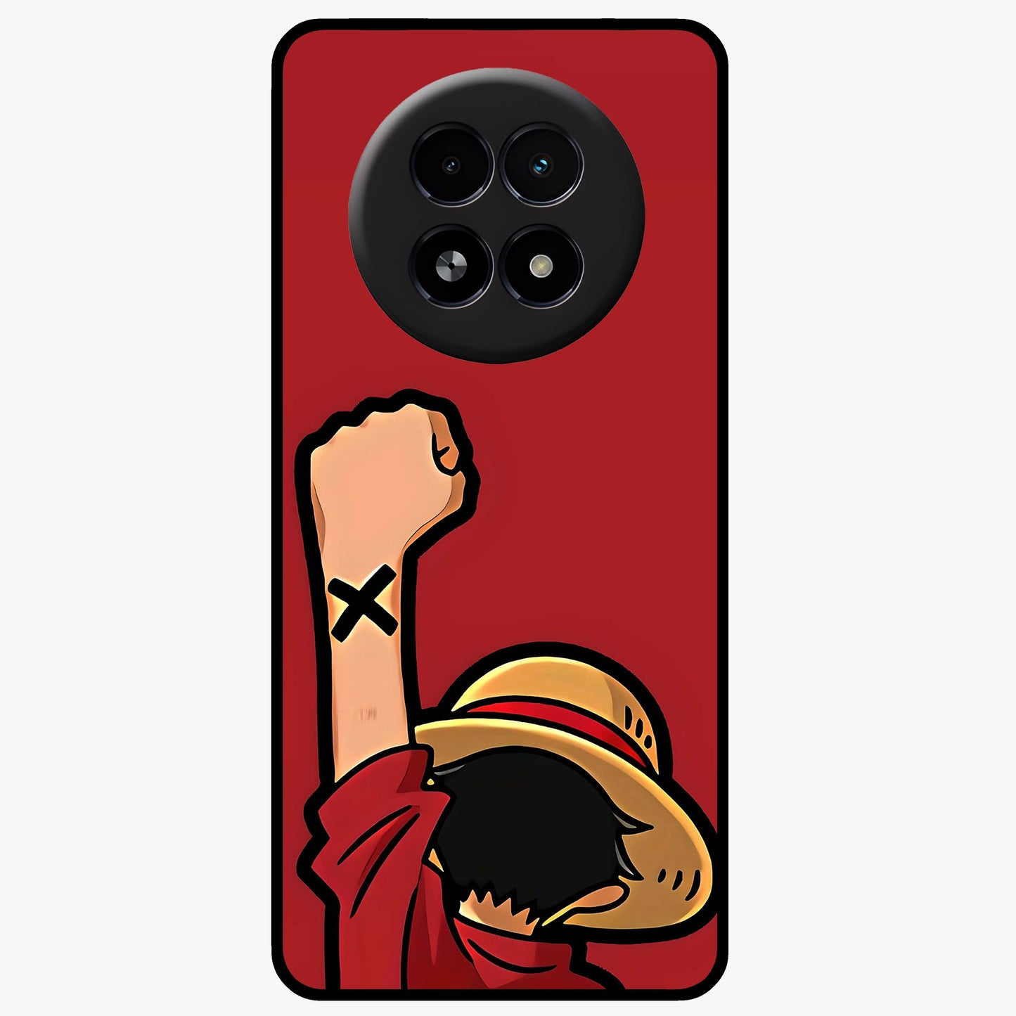 Luffy X Spirit Glass Case showing flat back view with bold anime character artwork and glossy glass finish.