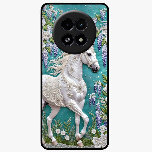 Majestic Floral Stallion Glass Case showing flat back view with powerful horse and floral artwork and glossy glass finish.