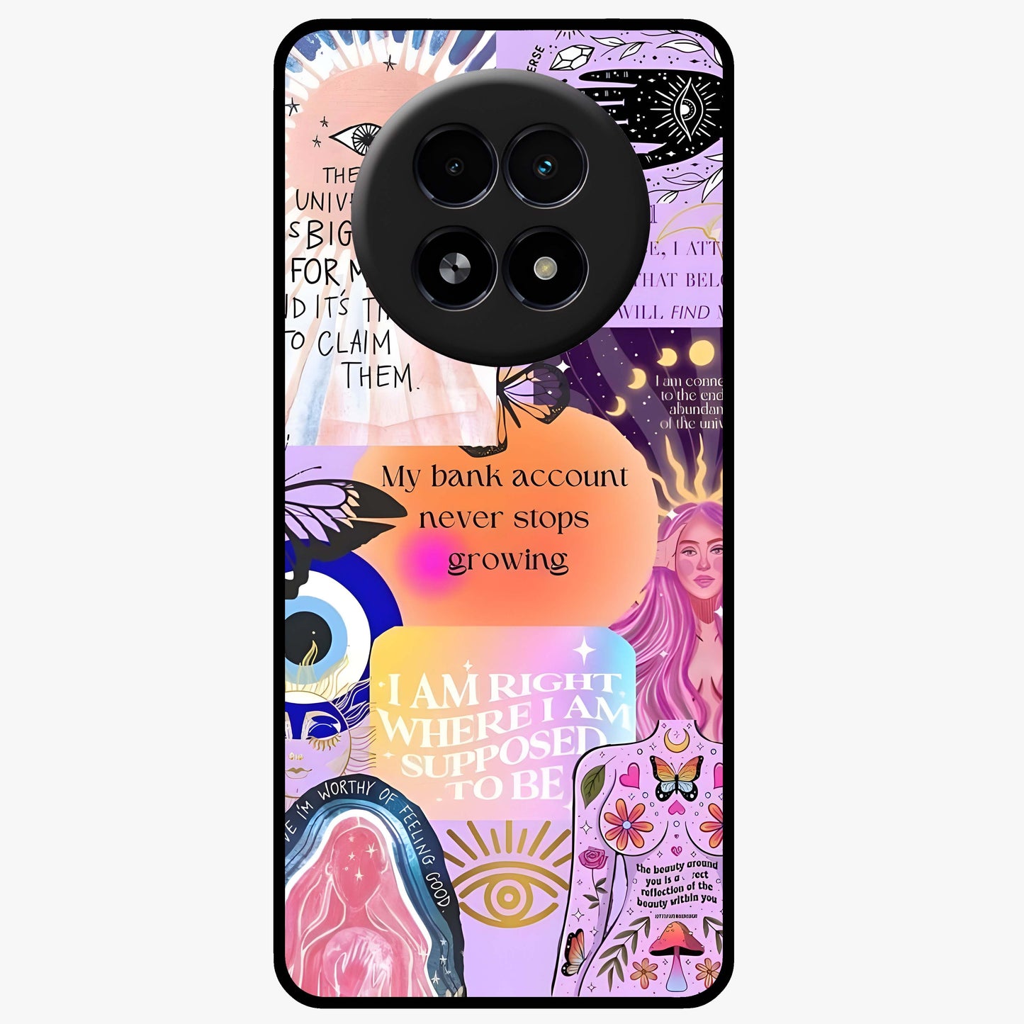 Manifestation Collage Glass Case showing flat back view with motivational collage artwork and glossy glass finish.