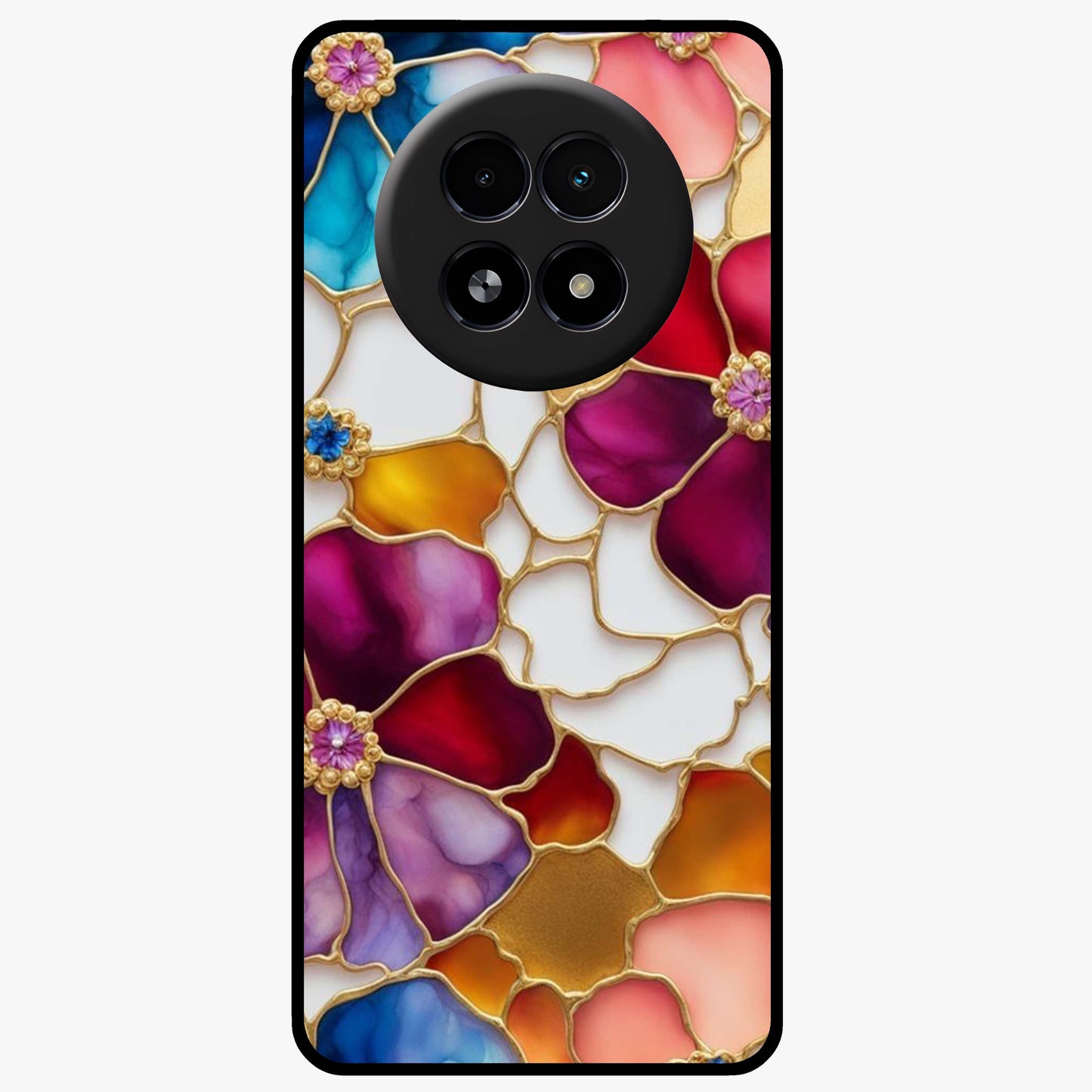 Marble Flower Pattern Glass Case showing flat back view with marble texture floral artwork and glossy glass finish.
