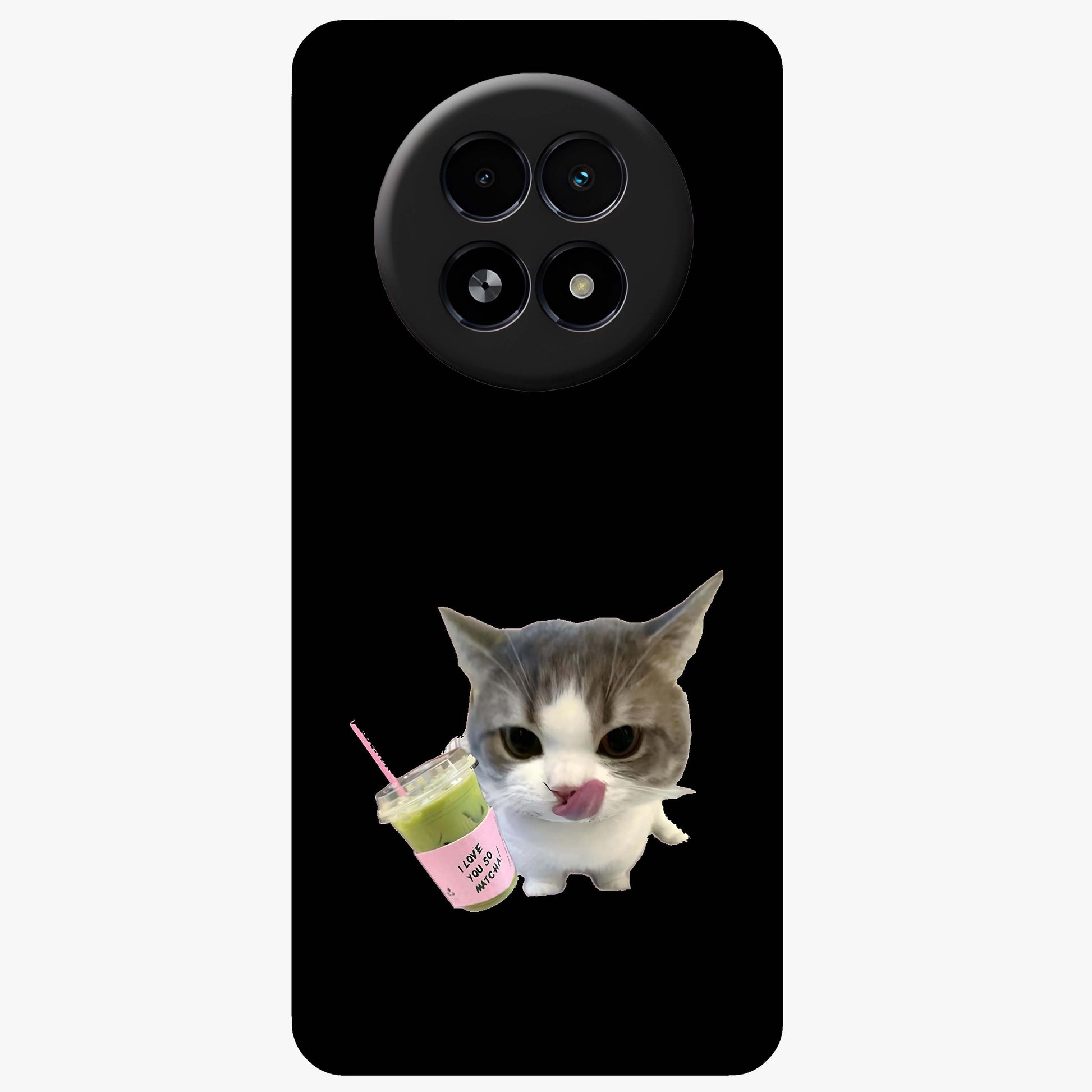 Matcha Cat Style Glass Case showing flat back view with cute matcha themed cat artwork and glossy glass finish.