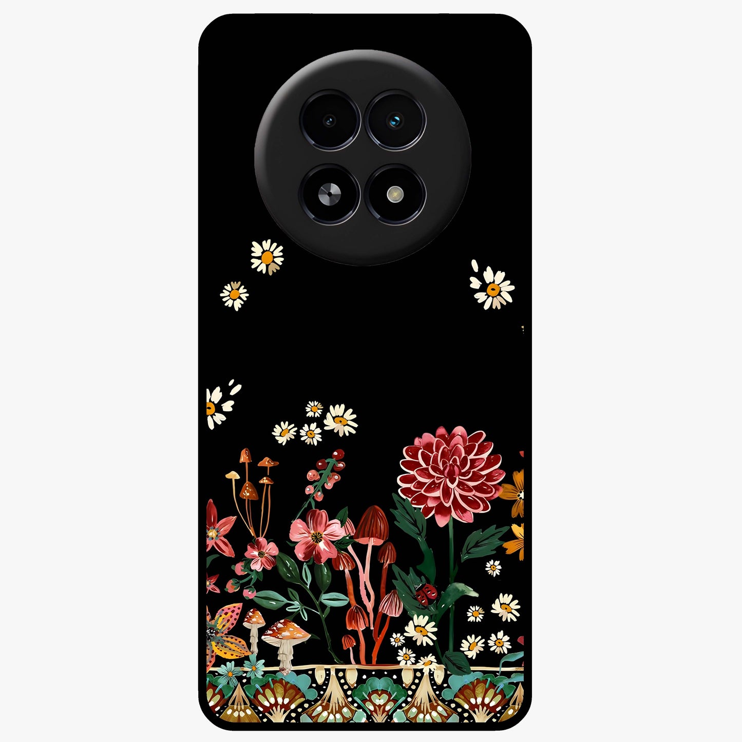 Midnight Bloom Pattern Glass Case showing flat back view with dark floral pattern artwork and glossy glass finish.