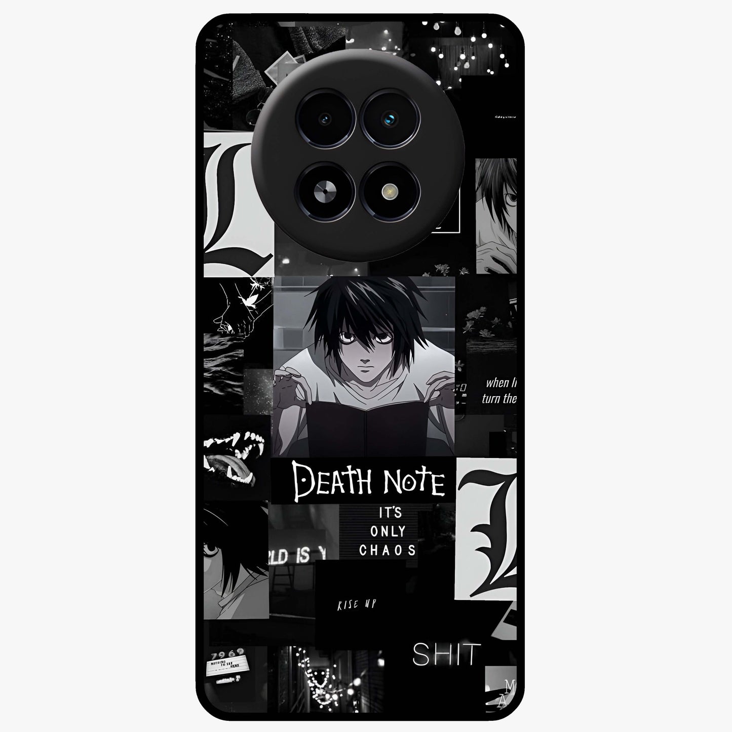 Midnight Chaos Mind Glass Case showing flat back view with abstract dark themed artwork and glossy glass finish.