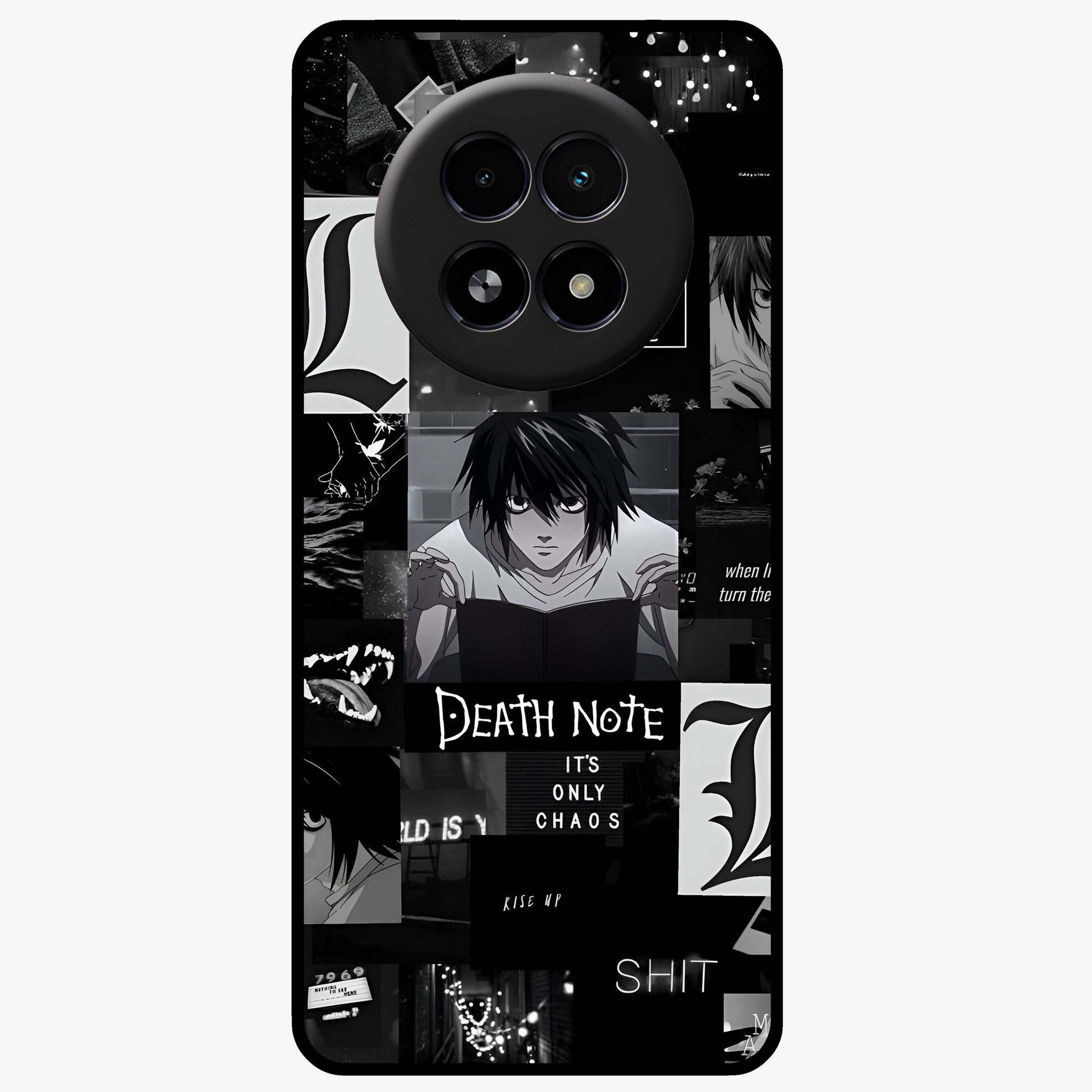 Midnight Chaos Mind Glass Case showing flat back view with abstract dark themed artwork and glossy glass finish.