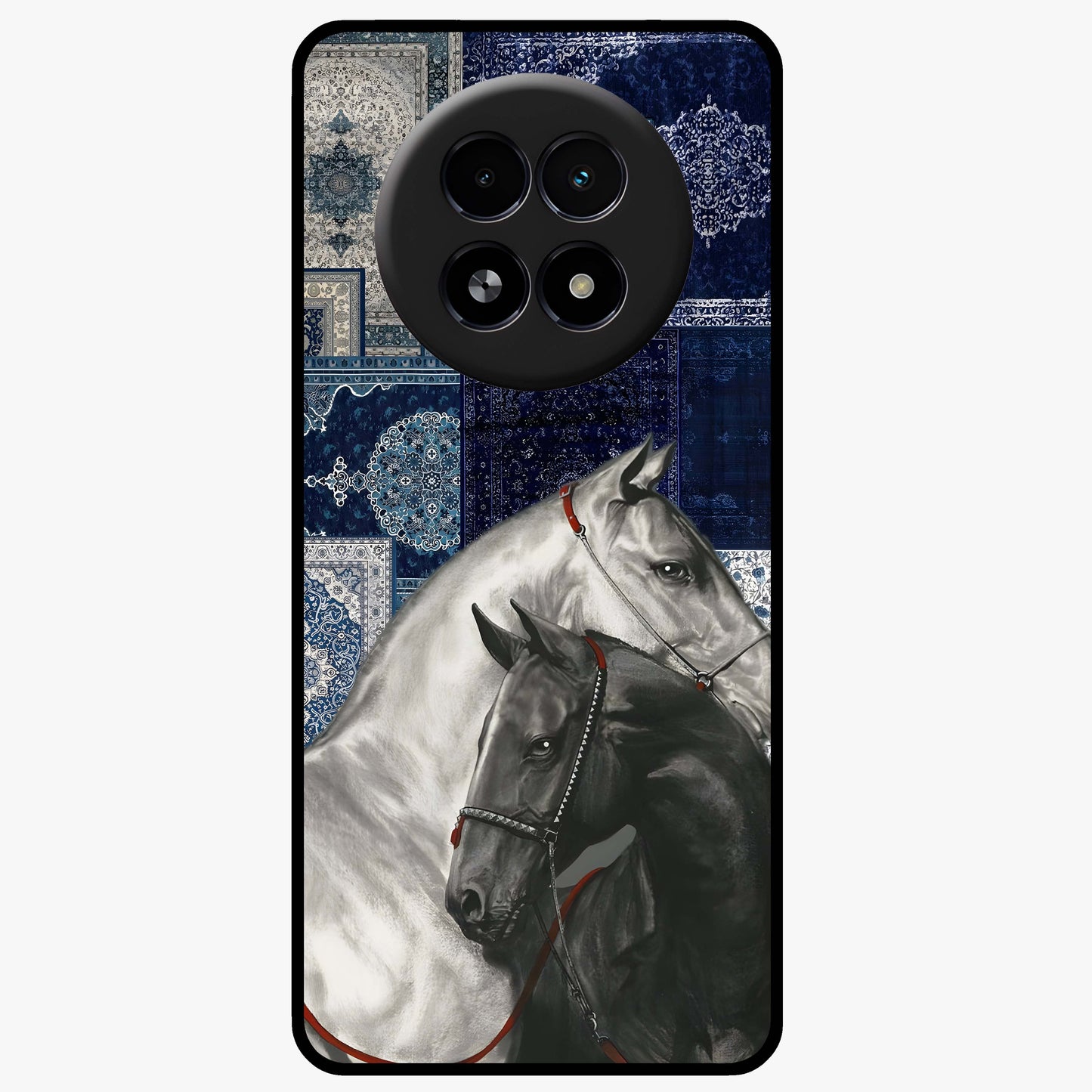 Midnight Stallion Blues Glass Case showing flat back view with majestic horse artwork and glossy glass finish.