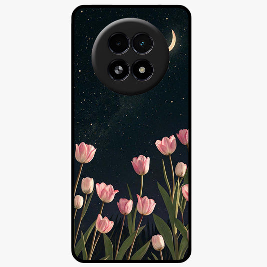 Midnight Tulip Whispers Vibe Glass Case showing flat back view with elegant tulip flower artwork and glossy glass finish.
