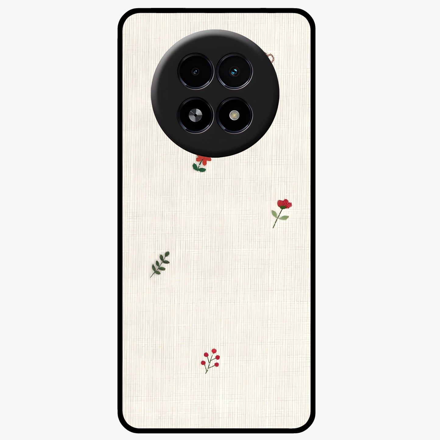 Minimal Petal Whispers Glass Case showing flat back view with soft minimal floral artwork and glossy glass finish.