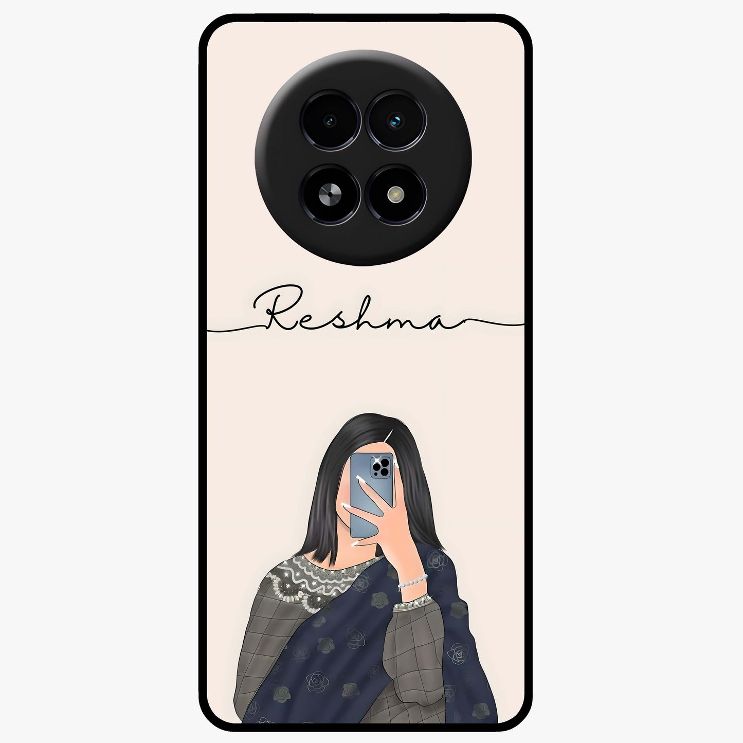 Mirror Mood Muse With Custom Name Glass Case showing flat back view with stylish mirrored artwork and personalized name design.