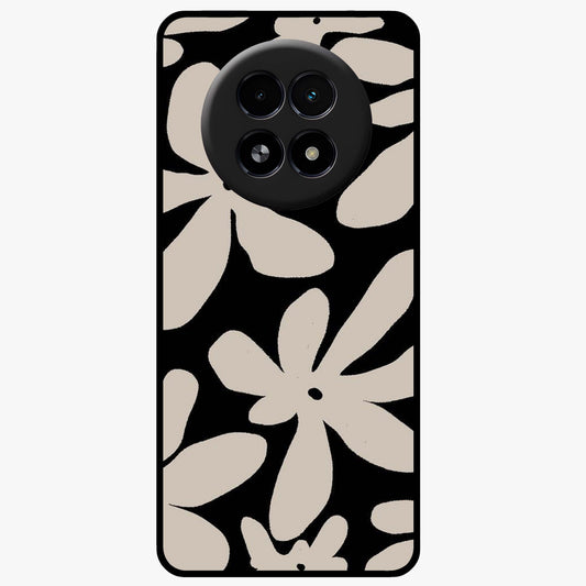 Monochrome Petal Dance Glass Case showing flat back view with monochrome floral artwork and glossy glass finish.