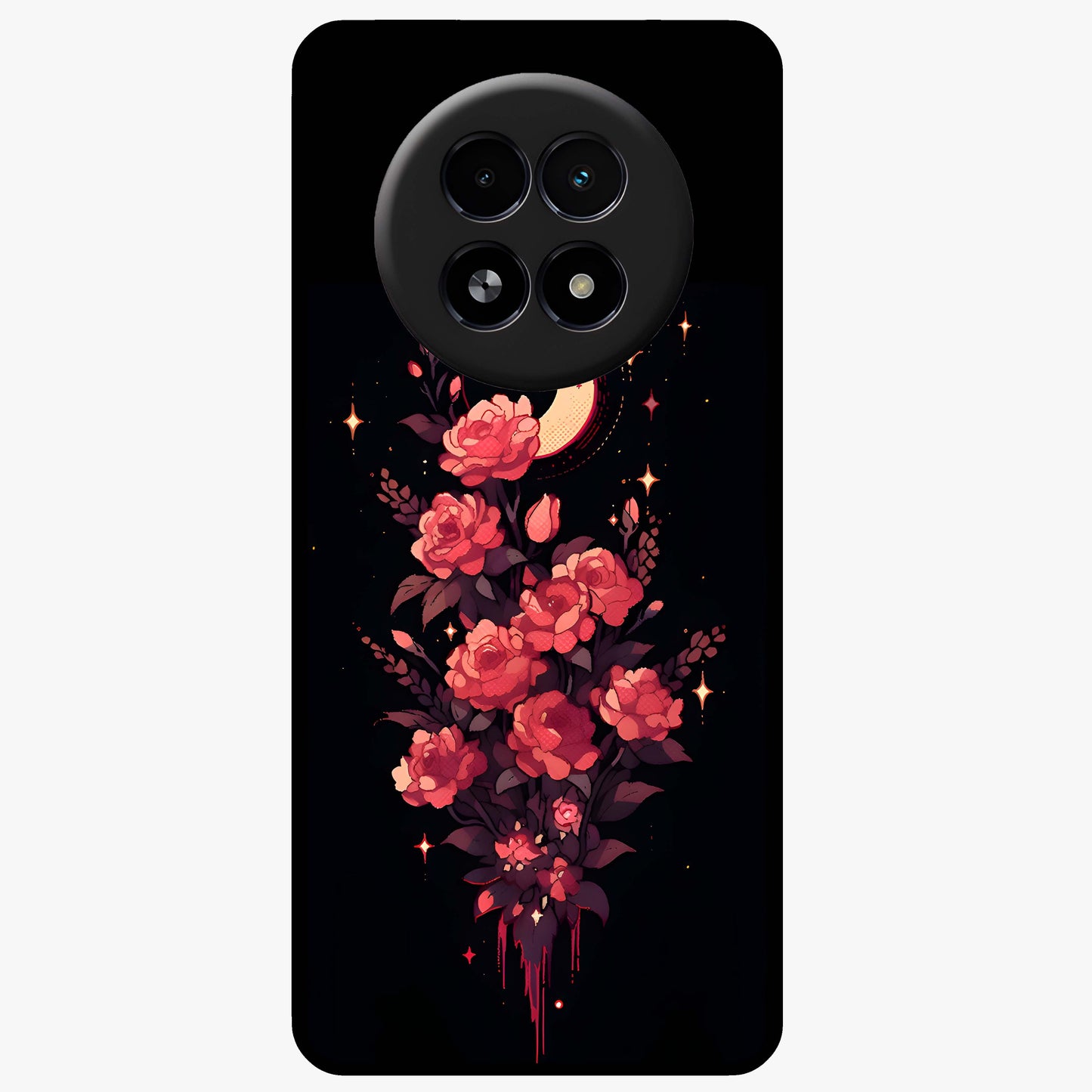 Moonlit Floral Elegance Glass Case showing flat back view with elegant floral artwork under moonlit tones and glossy glass finish.