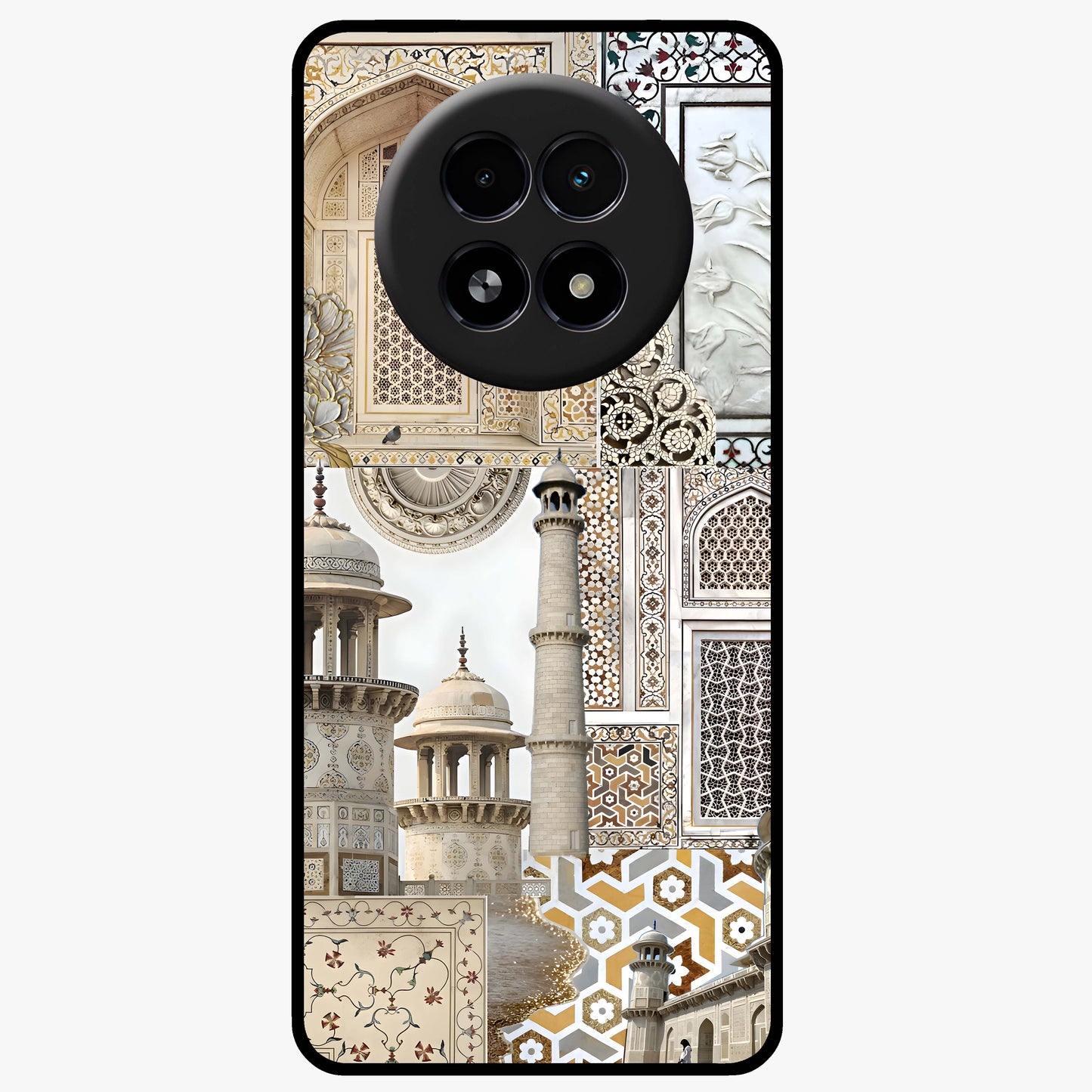 Mughal Marble Legacy Glass Case showing flat back view with intricate Mughal inspired marble pattern and glossy glass finish.