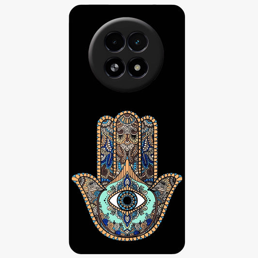 Mystic Hamsa Eye Glass Case showing flat back view with protective hamsa hand and evil eye artwork and glossy glass finish.