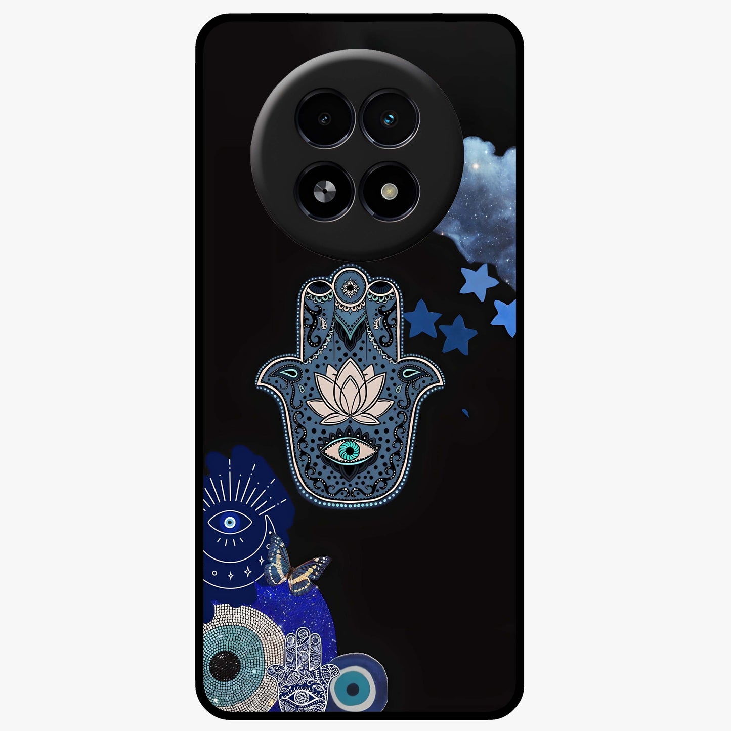 Mystic Hand Aura Glass Case showing flat back view with mystical hand symbol artwork and glossy glass finish.