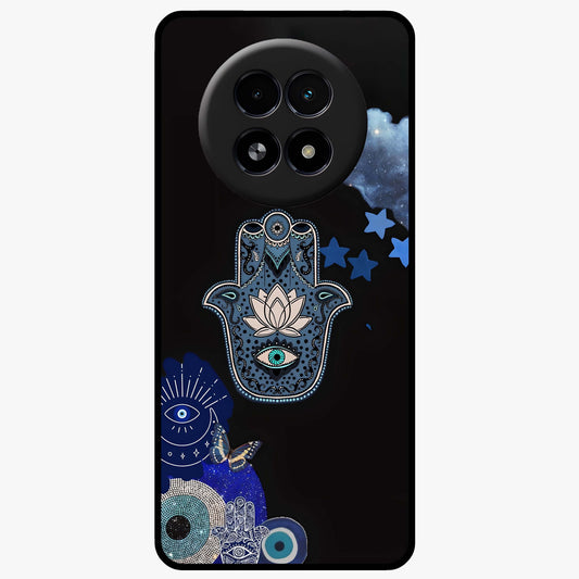 Mystic Hand Aura Glass Case showing flat back view with mystical hand symbol artwork and glossy glass finish.