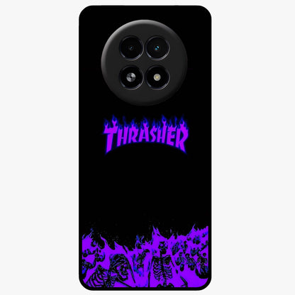 Neon Flame Riot Glass Case showing flat back view with neon flame artwork and glossy glass finish.