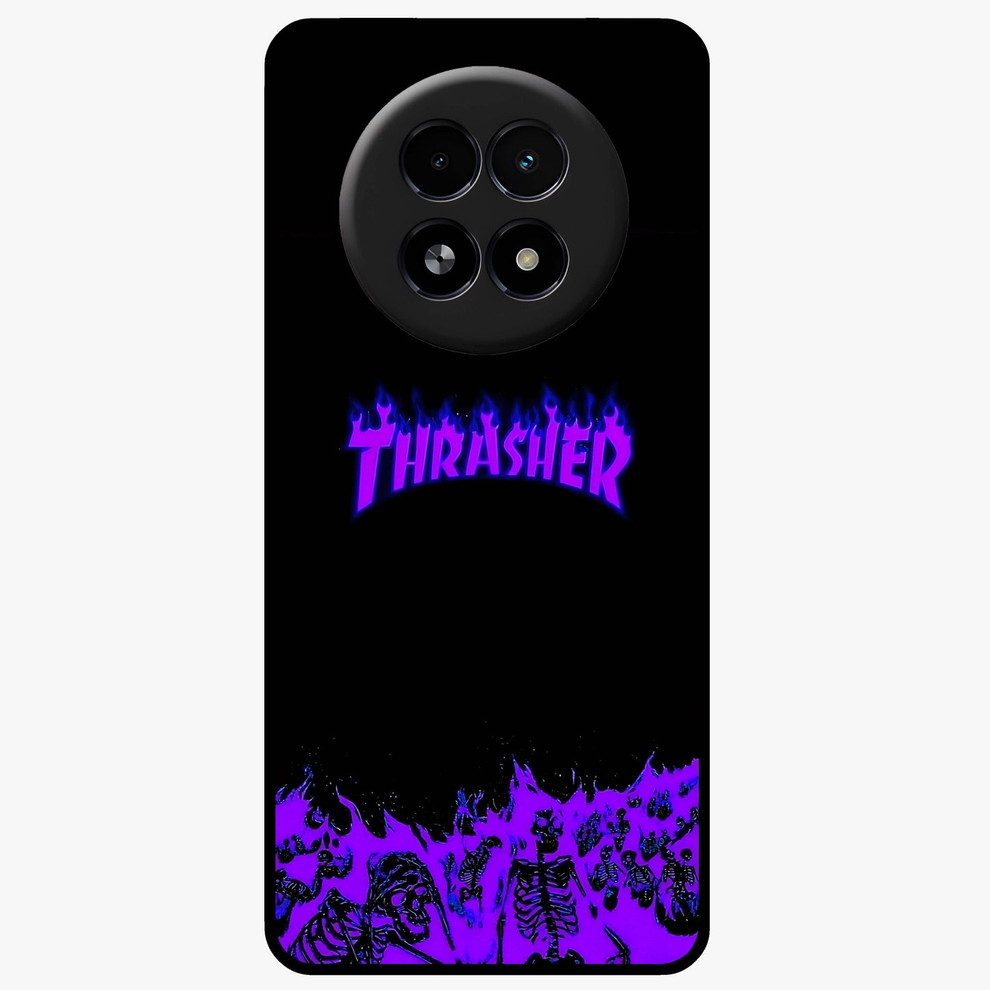 Neon Flame Riot Glass Case showing flat back view with neon flame artwork and glossy glass finish.