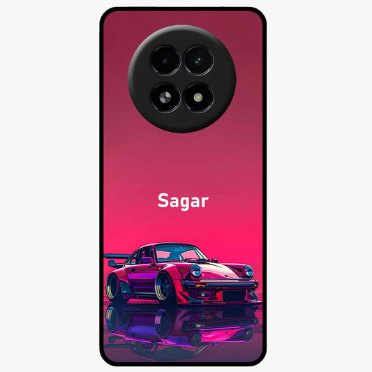 Neon Pink Porsche Glass Case showing flat back view with stylish sports car artwork and glossy glass finish.
