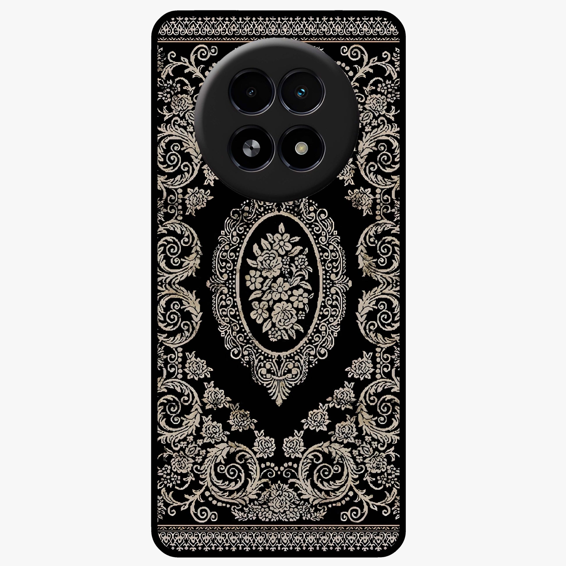 Noir Bloom Elegance Glass Case showing flat back view with elegant dark floral artwork and glossy glass finish.