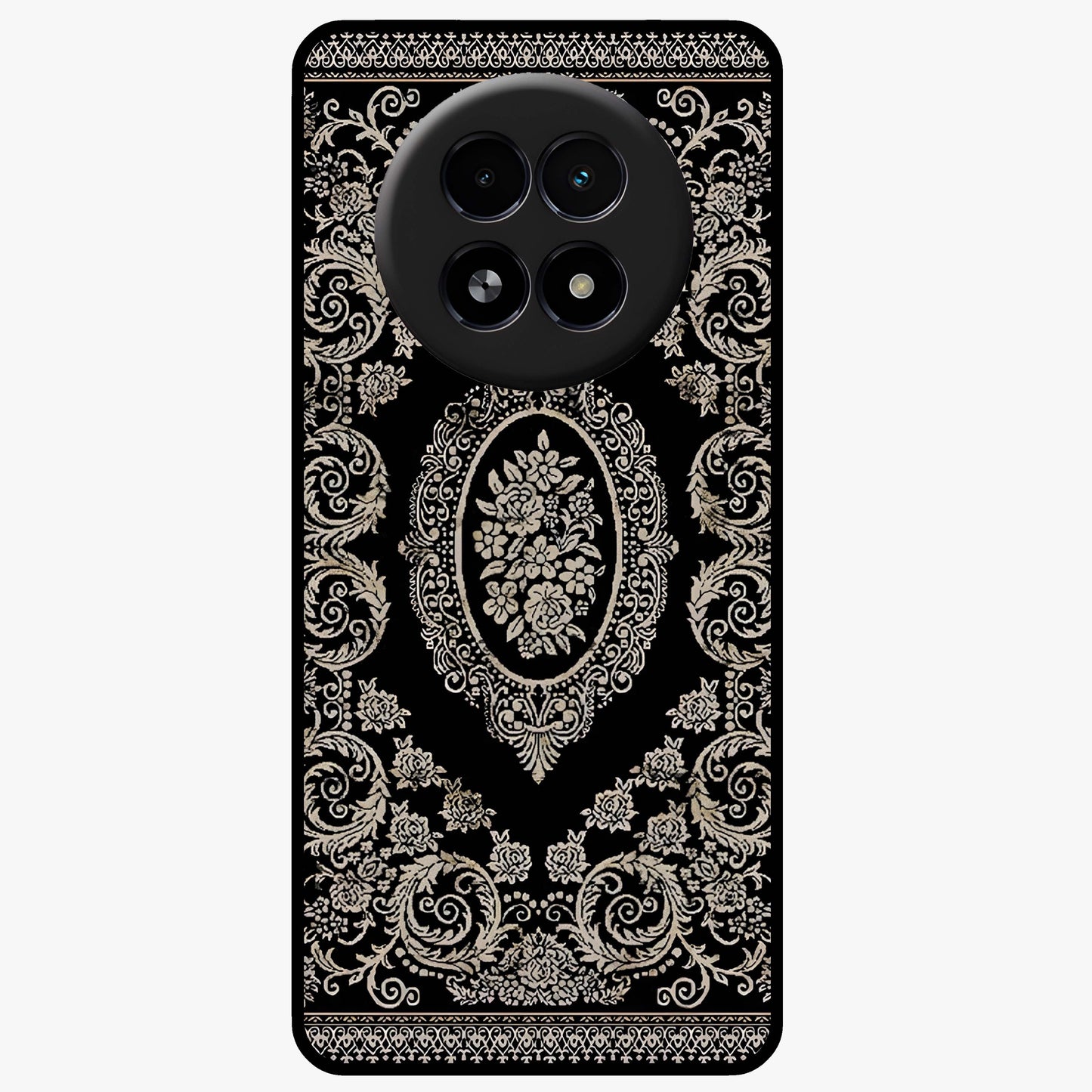 Noir Bloom Elegance Glass Case showing flat back view with elegant dark floral artwork and glossy glass finish.