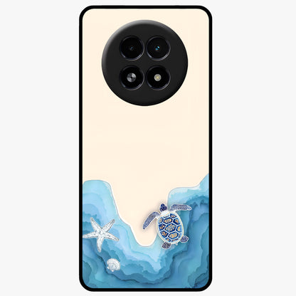 Ocean Drift Turtle Glass Case showing flat back view with sea turtle artwork and glossy glass finish.