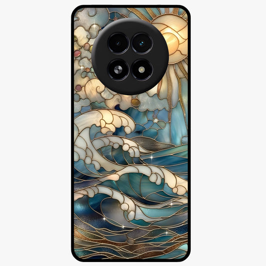 Oceanic Stained Printed Glass Case showing flat back view with ocean inspired stained pattern artwork and glossy glass finish.