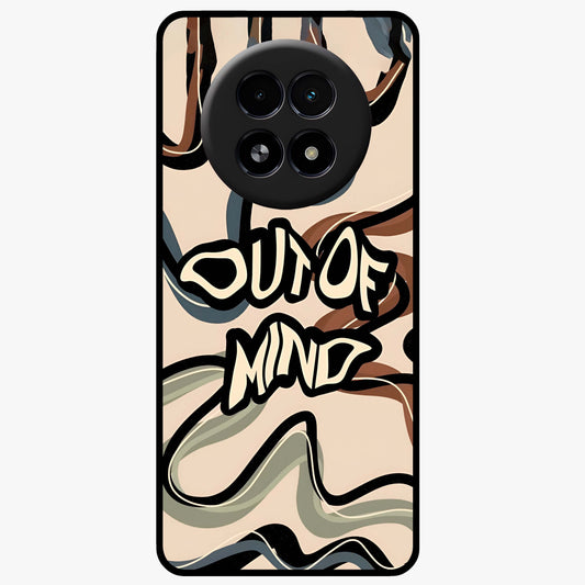 Out Of Mind Glass Case showing flat back view with expressive typography artwork and glossy glass finish.