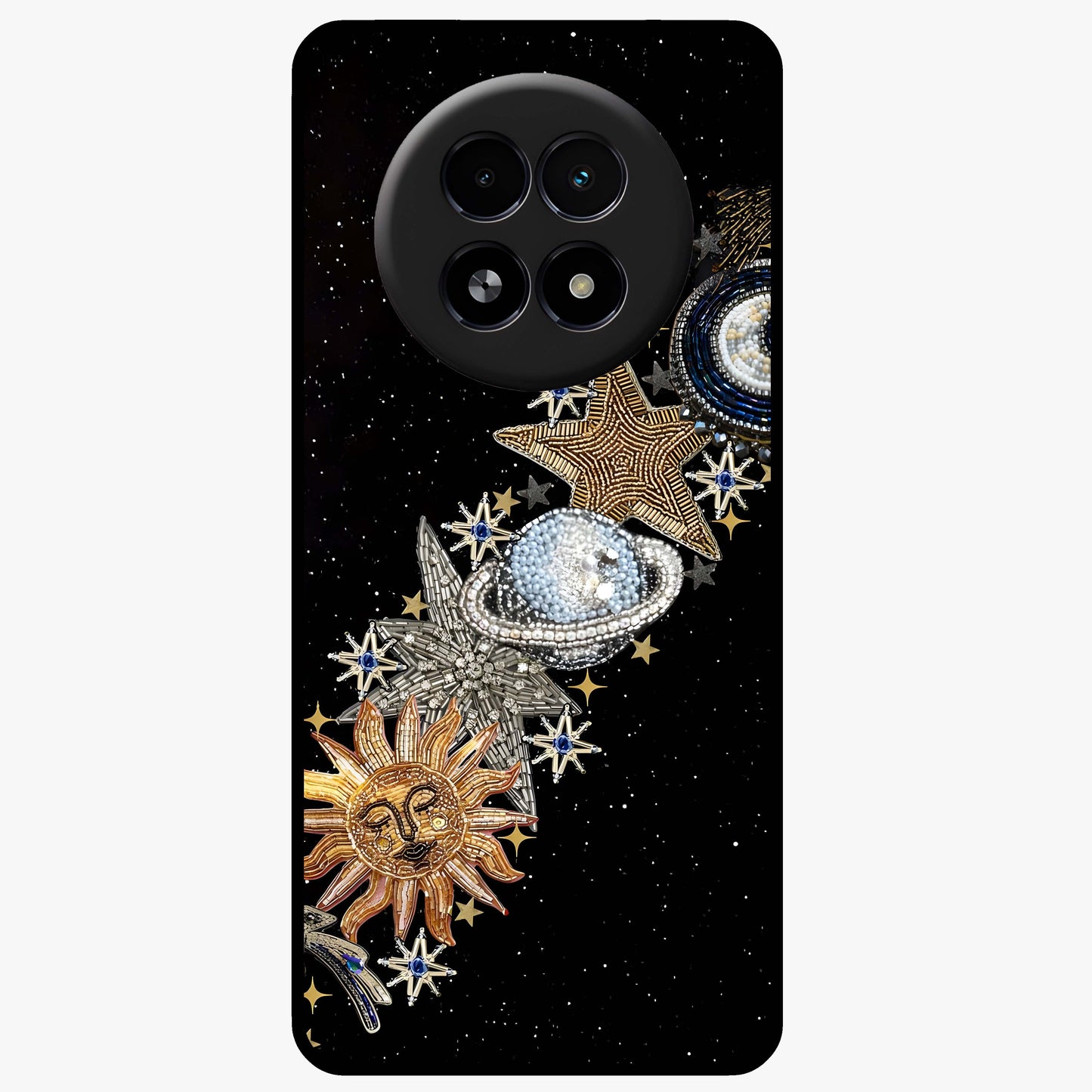 Pearls Universe Object Glass Case showing flat back view with pearl inspired cosmic artwork and glossy glass finish.