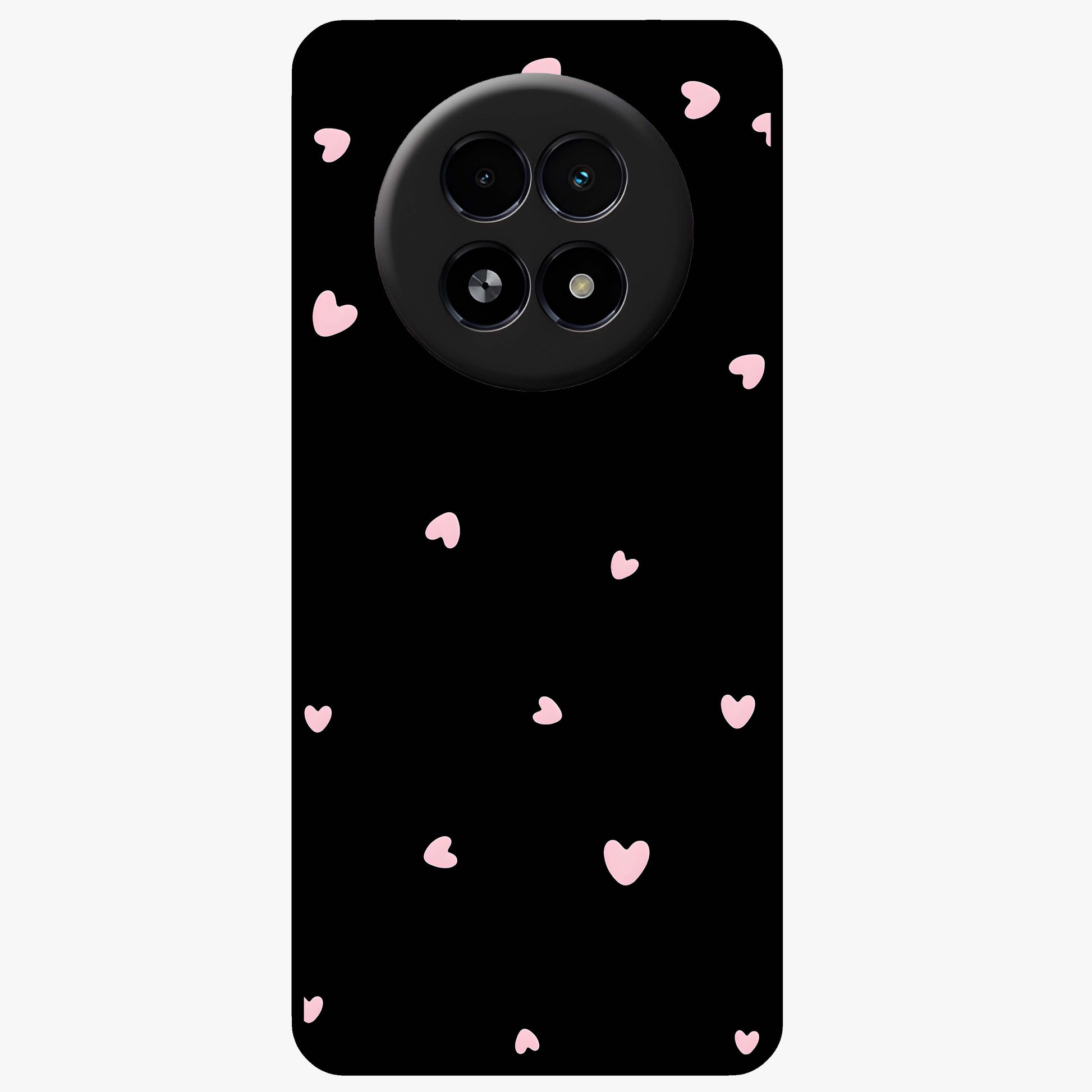 Pink Love Drops Glass Case showing flat back view with playful pink heart drops artwork and glossy glass finish.