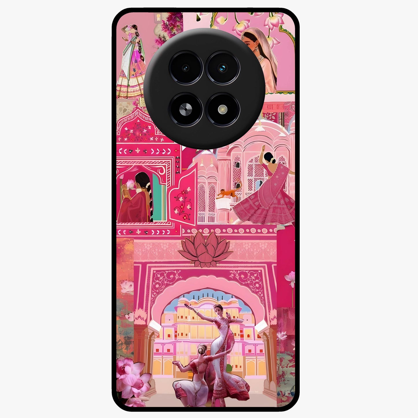Pink Palace Muse Glass Case showing flat back view with elegant palace inspired artwork and glossy glass finish.