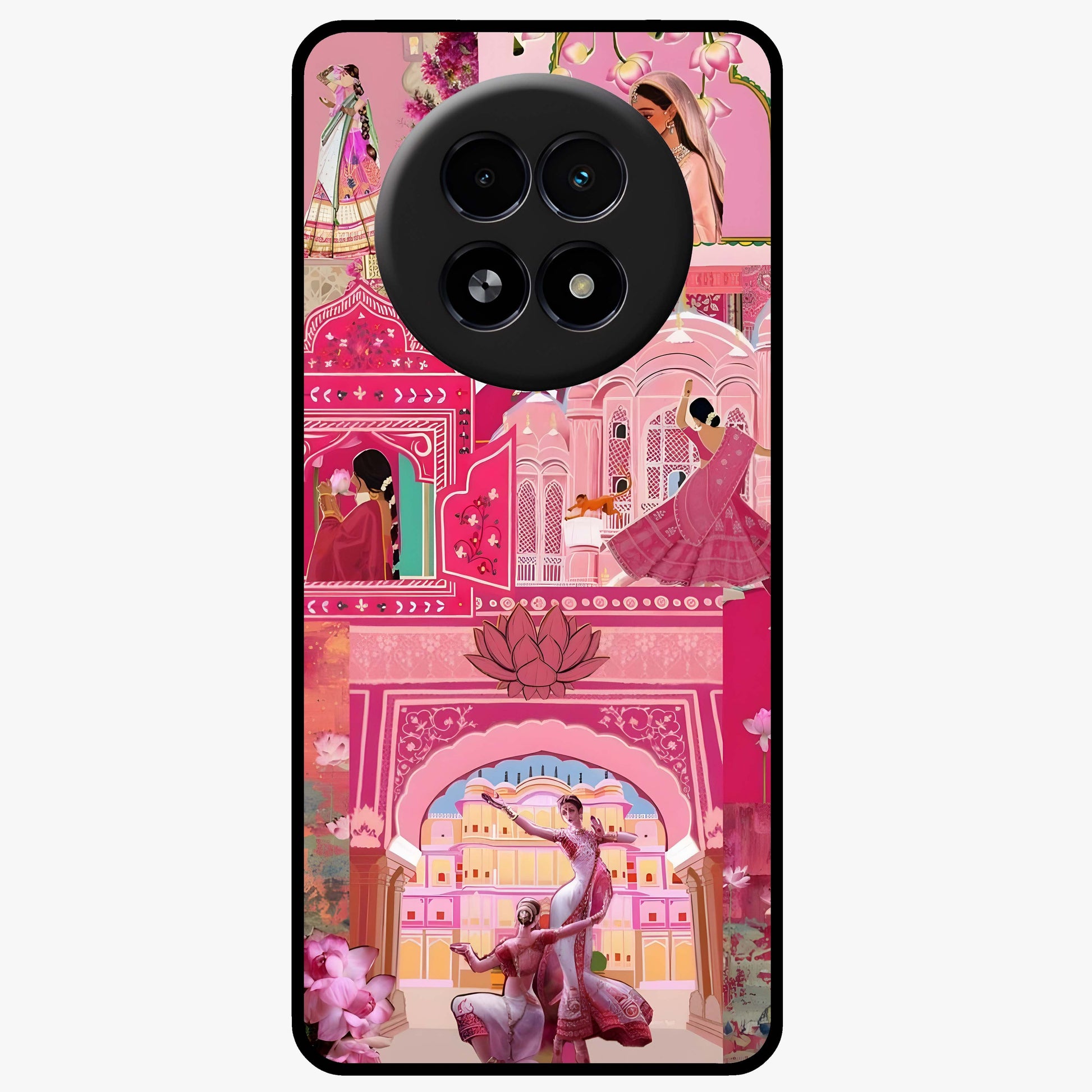 Pink Palace Muse Glass Case showing flat back view with elegant palace inspired artwork and glossy glass finish.